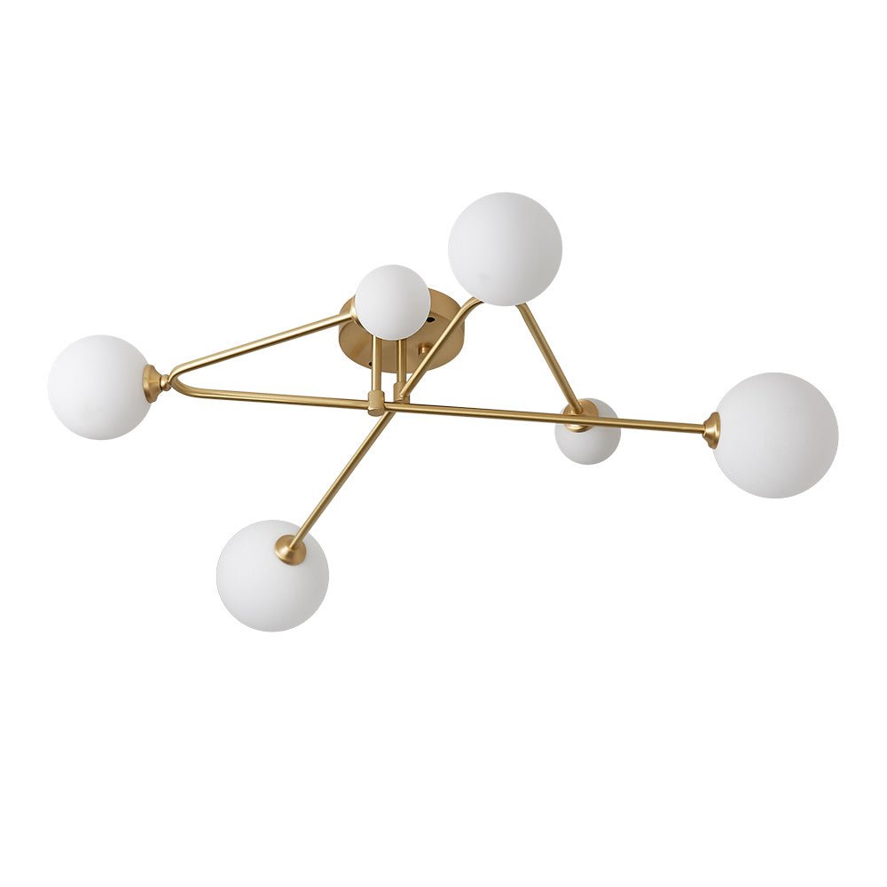 Lámpara de techo lineal 6 luces, estilo Sputnik. Diseño Mid-Century moderno, iluminación con pantallas de vidrio.