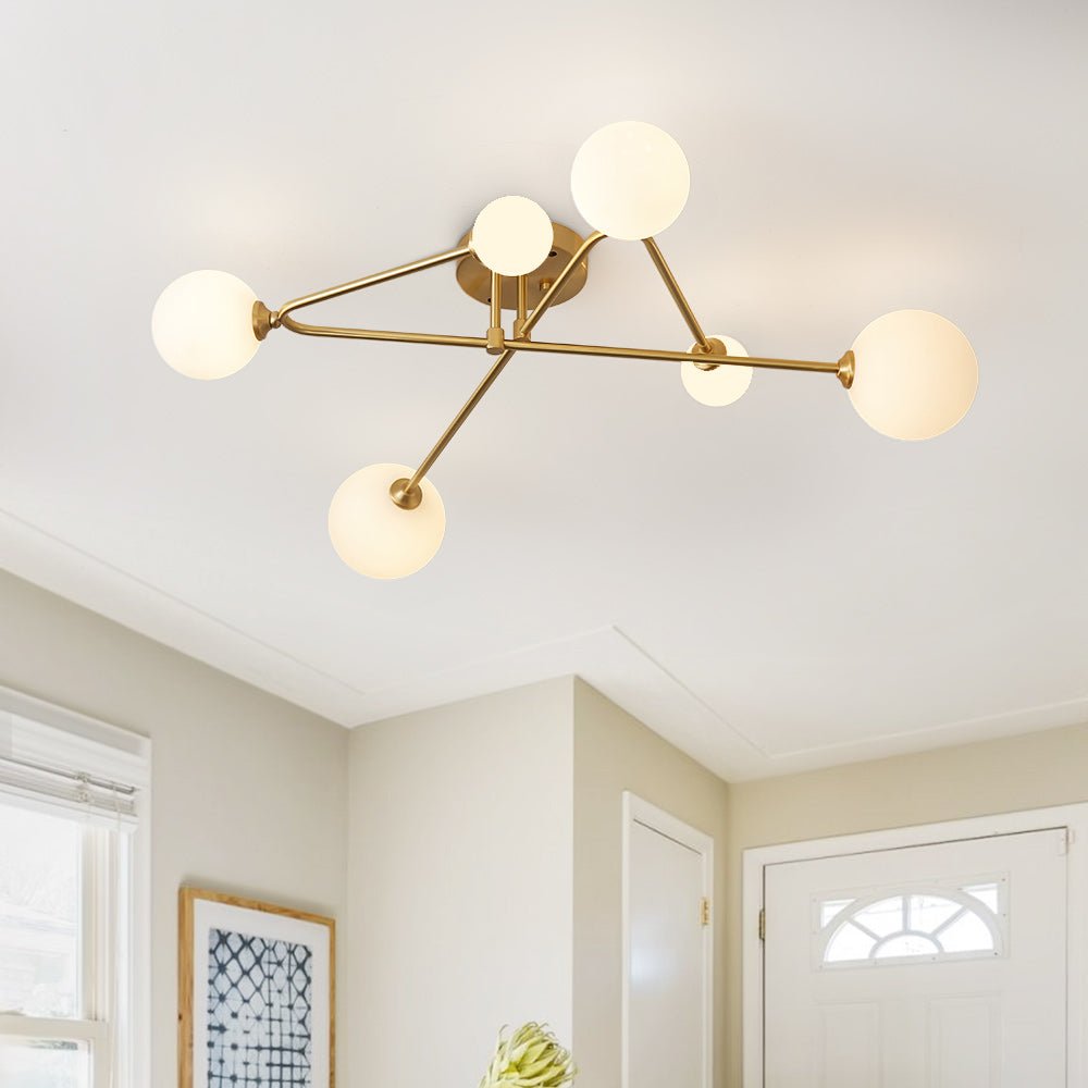 Lámpara de techo Sputnik lineal 6 luces estilo Mid-Century. Iluminación moderna con pantallas de vidrio y metal.