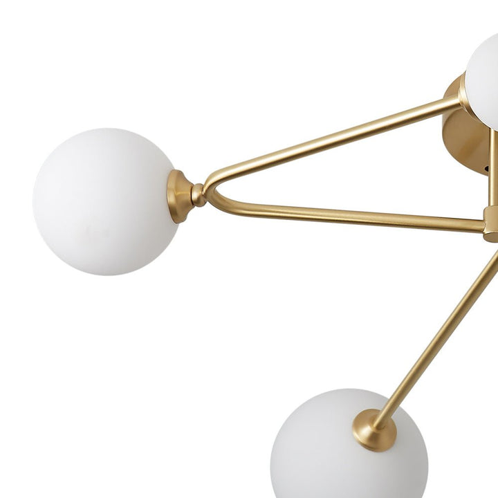Diseño Mid-Century: Lámpara de techo lineal Sputnik 6 luces. Semi flush mount, pantallas de vidrio, metal.