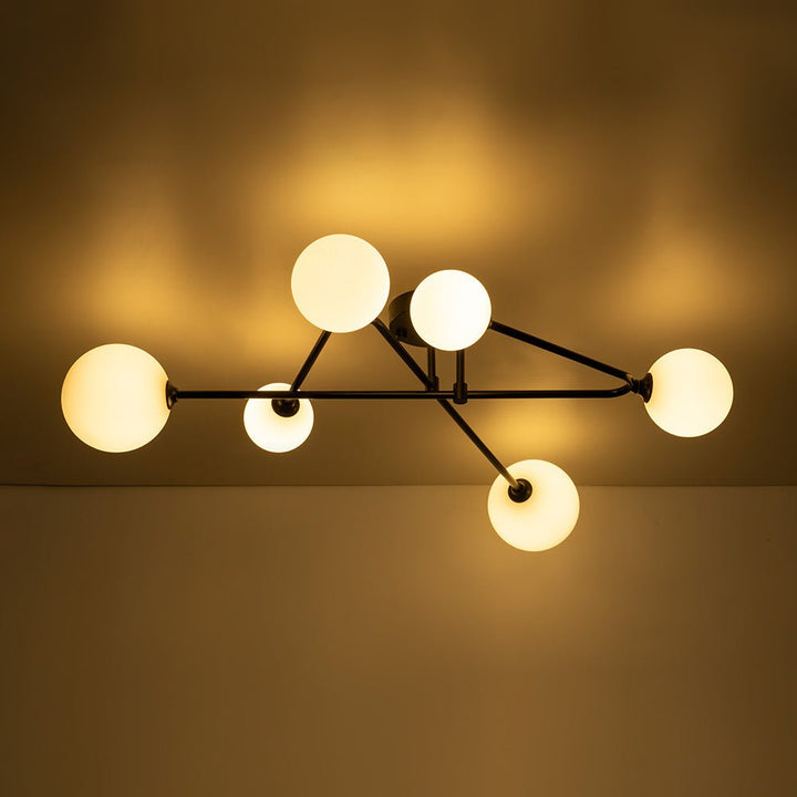 Lámpara de techo moderna estilo Mid-Century. Sputnik lineal 6 luces, metal y vidrio, iluminación semi flush mount.