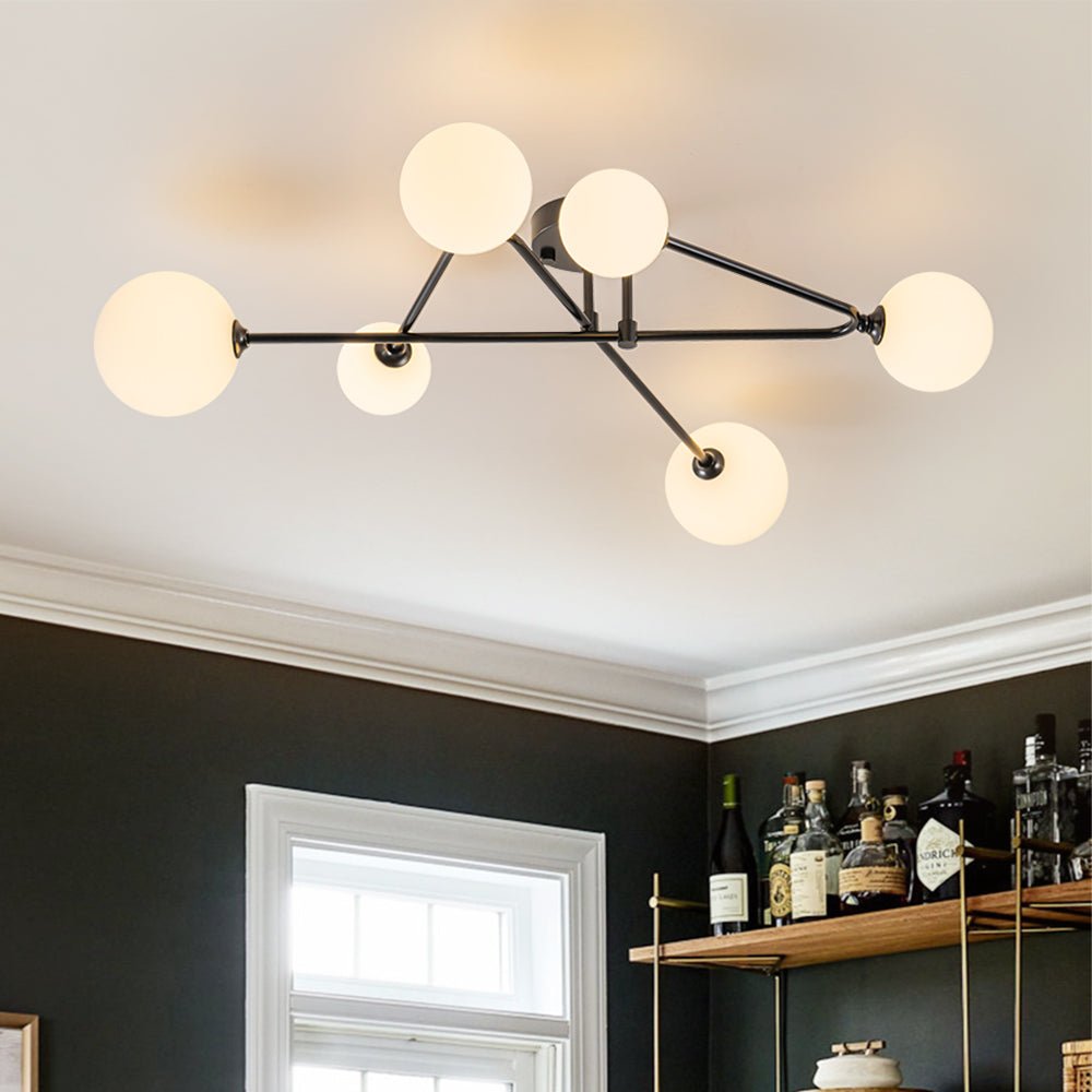Iluminación decorativa: Lámpara Sputnik lineal 6 luces. Estilo Mid-Century para techo, semi flush mount en metal.
