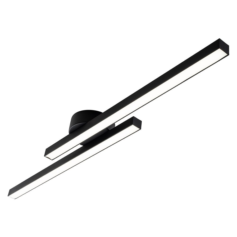 Primer plano de lámpara de techo LED con diseño lineal. Dos tiras de luz modernas para interiores.