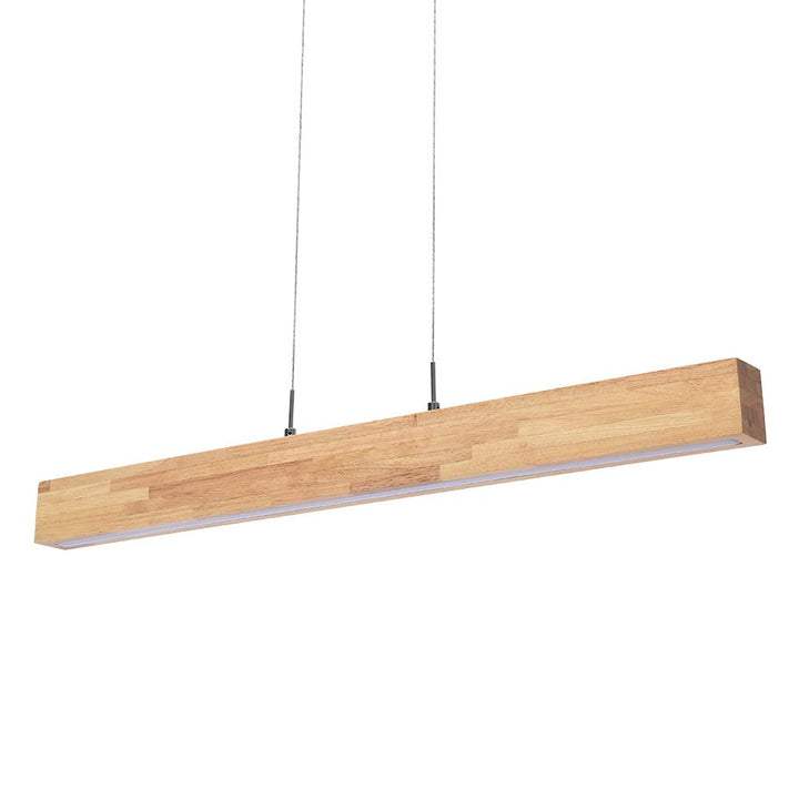 Lámpara LED lineal regulable, cuerpo de madera, iluminación cálida para interiores.