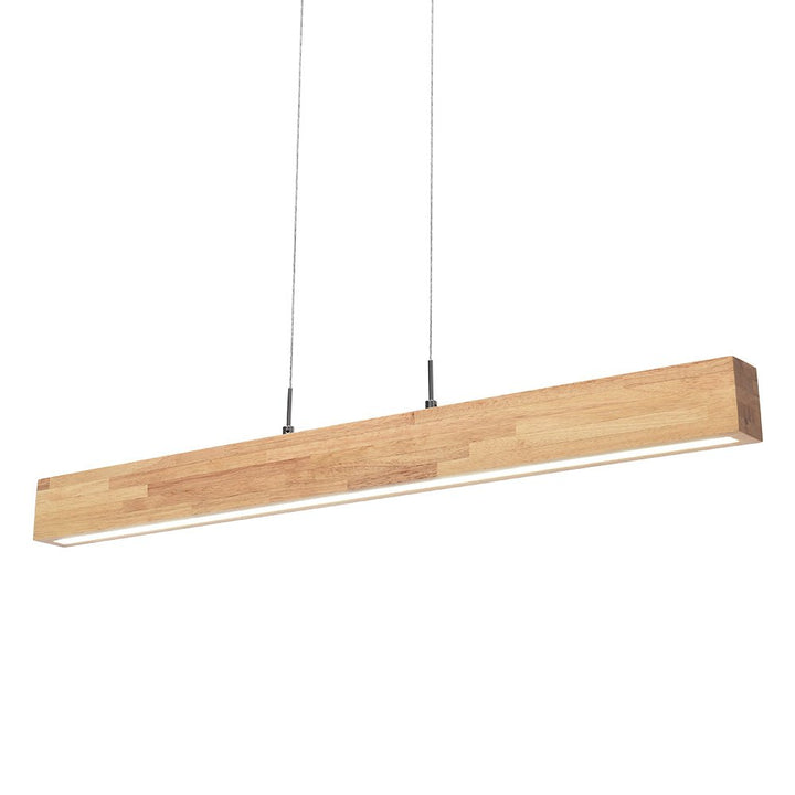 Colgante LED lineal de madera maciza, intensidad regulable, diseño contemporáneo.