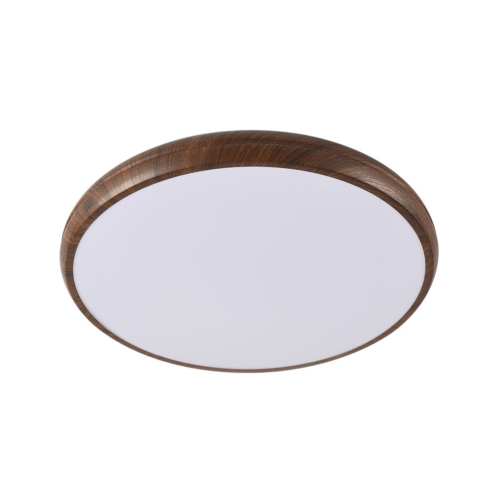 Luz LED de techo minimalista redonda, diseño con veta de madera, iluminación eficiente.