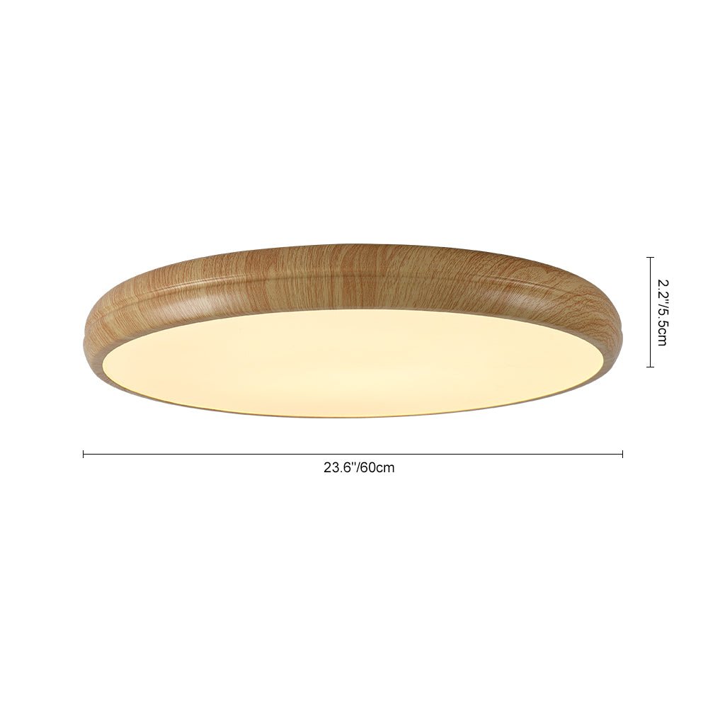 Luz LED de techo redonda, diseño limpio y minimalista, acabado madera oscura.
