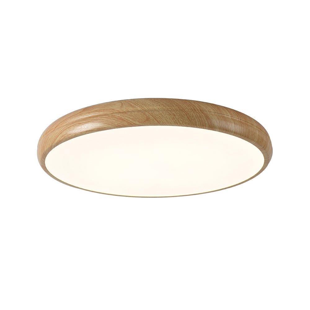 Iluminación de techo LED redonda con borde de madera, perfecta para ambientes acogedores.