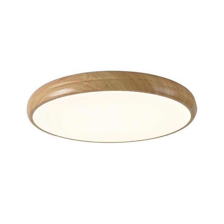 Iluminación de techo LED redonda con borde de madera, perfecta para ambientes acogedores.
