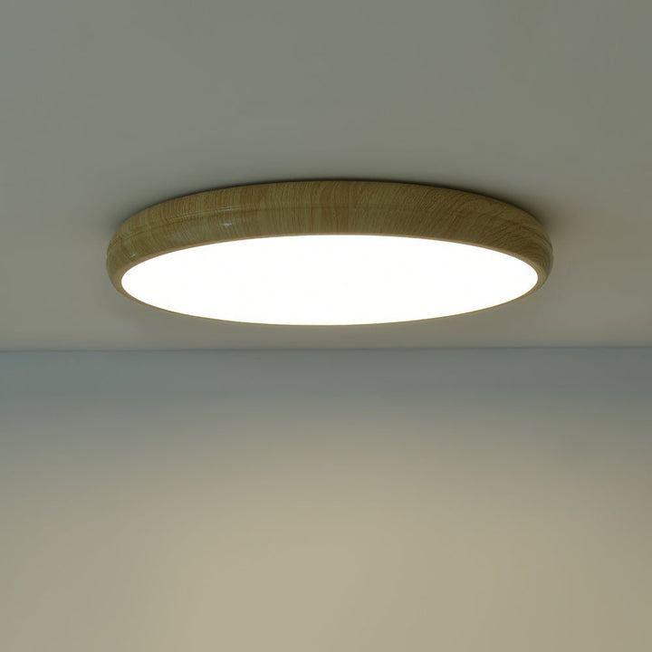 Iluminación LED de techo circular con marco de grano de madera, fácil de instalar.