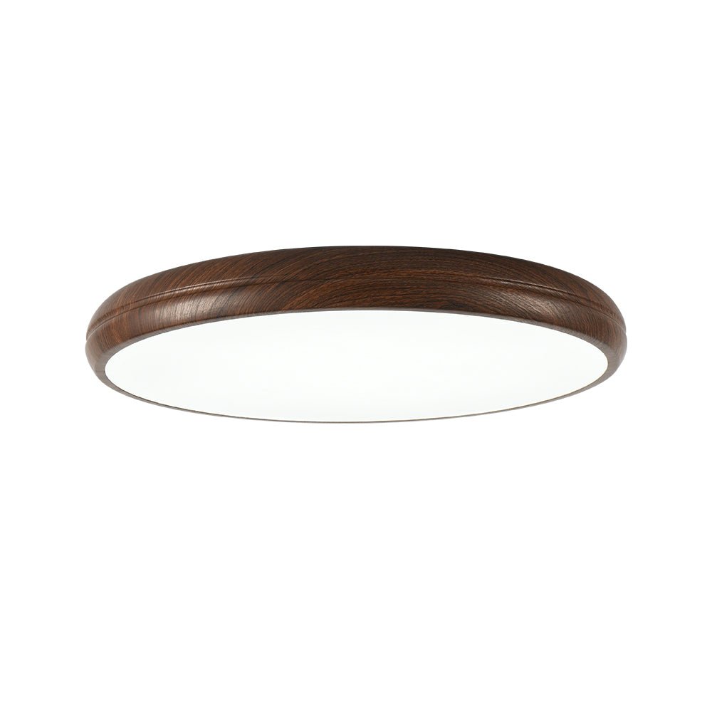 Plafón LED de diseño redondo con detalle de madera, ideal para ambientes contemporáneos.