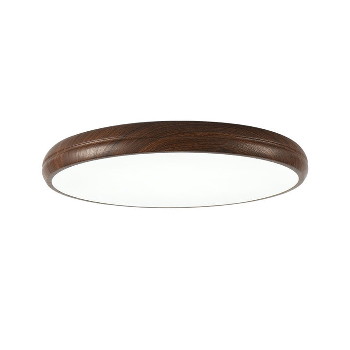 Plafón LED de diseño redondo con detalle de madera, ideal para ambientes contemporáneos.