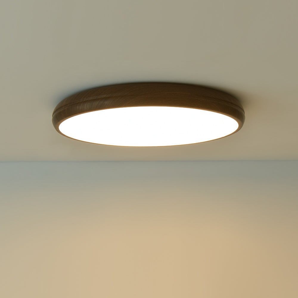 Lámpara de techo LED redonda, aspecto de madera natural, estilo escandinavo para el hogar.