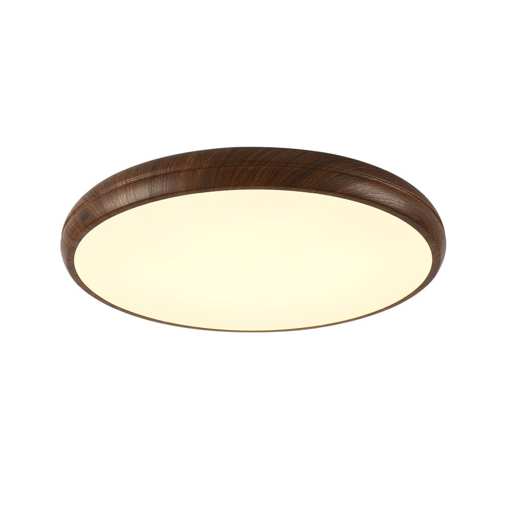 Lámpara de techo LED circular, elegante grano de madera, diseño minimalista y cálido.