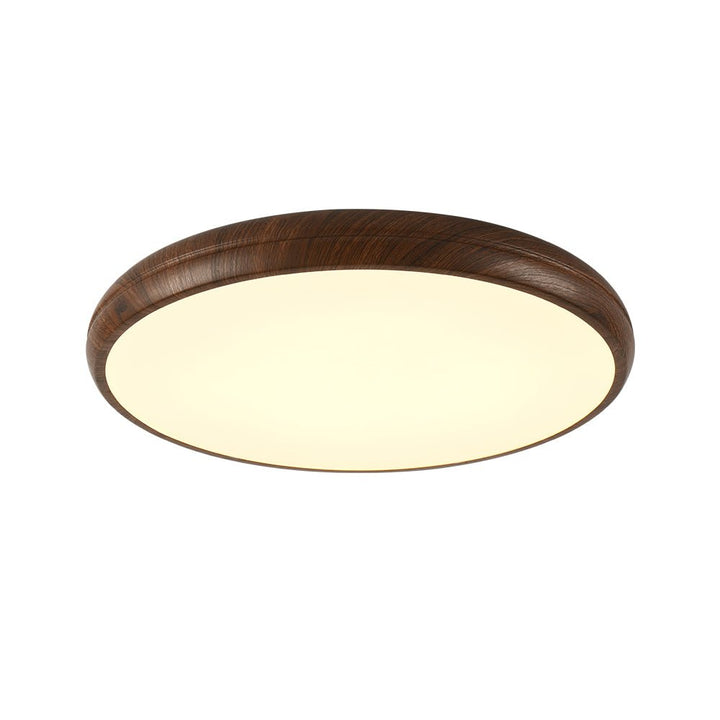 Lámpara de techo LED circular, elegante grano de madera, diseño minimalista y cálido.
