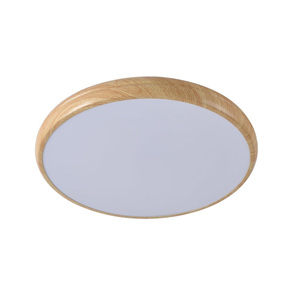 Plafón LED moderno redondo, estilo nórdico, con detalle de madera para decoración.