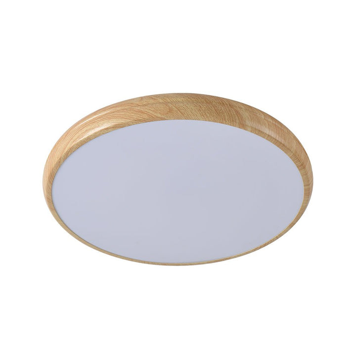 Plafón LED moderno redondo, estilo nórdico, con detalle de madera para decoración.