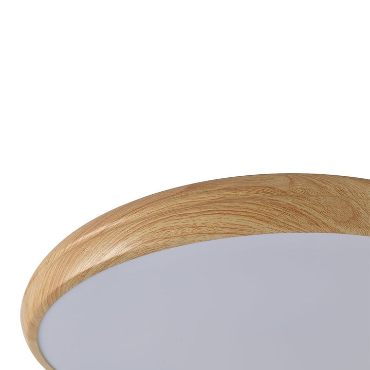 Plafón de techo LED moderno, redondo, con borde de madera, para una luz cálida.