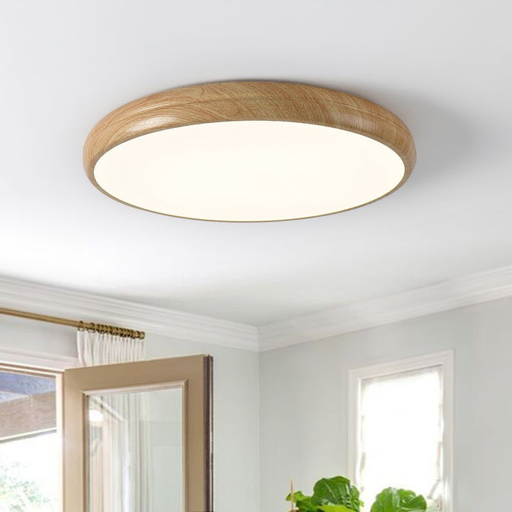 Lámpara de techo LED escandinava circular, diseño moderno con textura de madera.