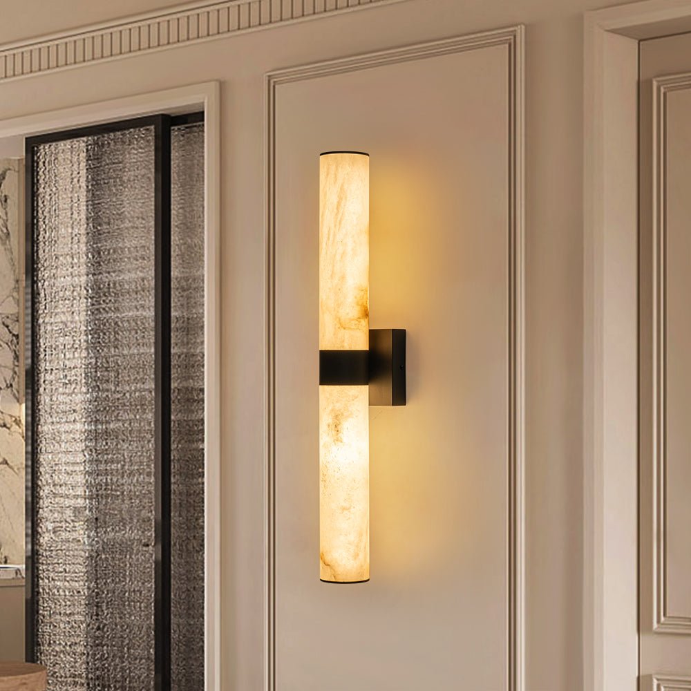Luz de pared LED cilíndrica de mármol negro, iluminación moderna para interiores.