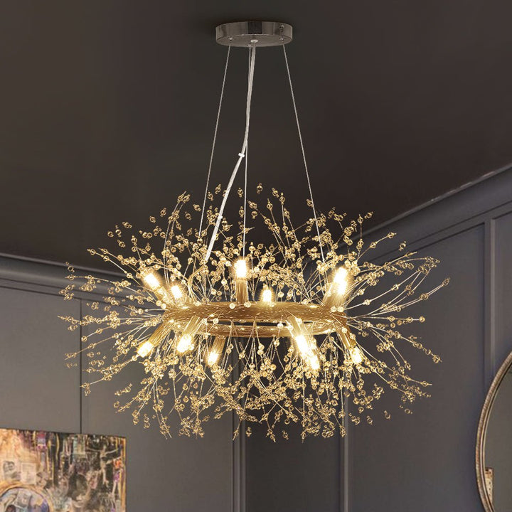 Lámpara colgante de diente de león con cristales. Diseño contemporáneo para comedor.