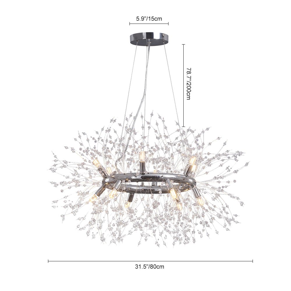 Candelabro con cristales efecto fuegos artificiales. Diseño moderno Diente de León para salón.