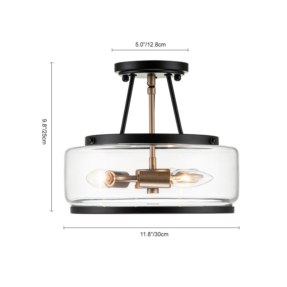 Lámpara de techo de montaje semienrasado, 3 luces. Estilo tambor moderno con vidrio para diseño interior.