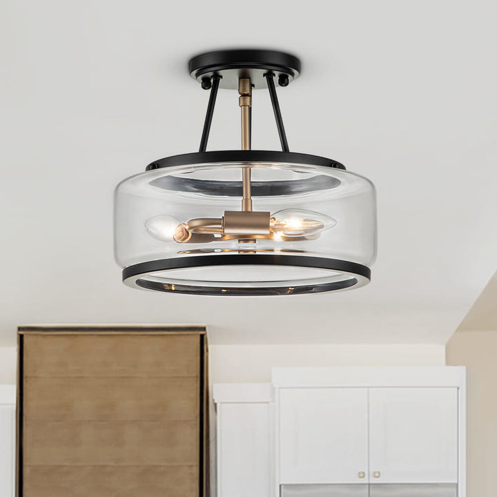 Ambiente moderno con lámpara de techo semienrasada. 3 luces de tambor, vidrio y metal para tu hogar.