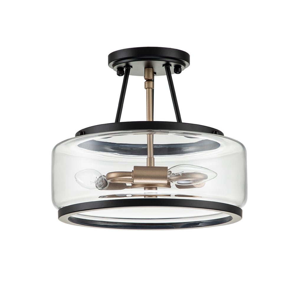 Vista de lámpara de techo semienrasada moderna. 3 luces estilo tambor, vidrio y detalles dorados.