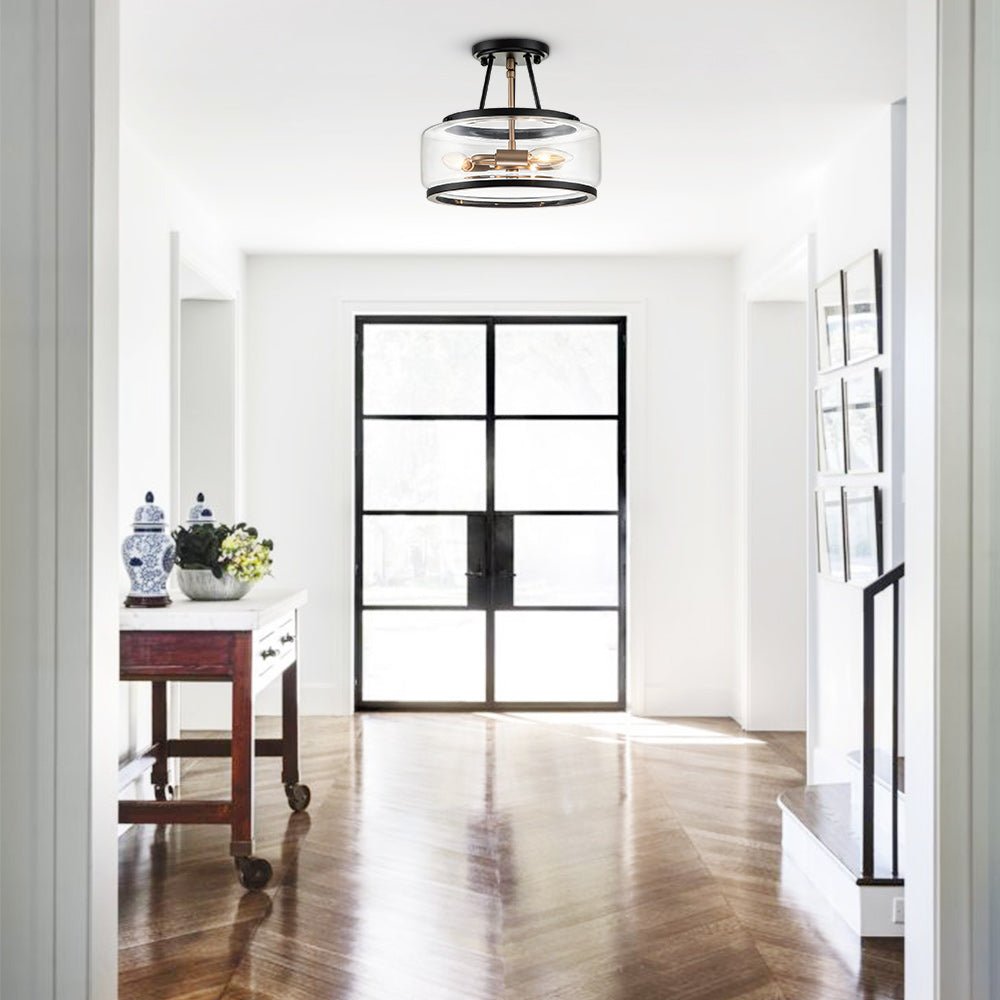 Lámpara de techo semienrasada, estilo moderno. 3 luces de tambor con vidrio, ideal para decoración hogar.