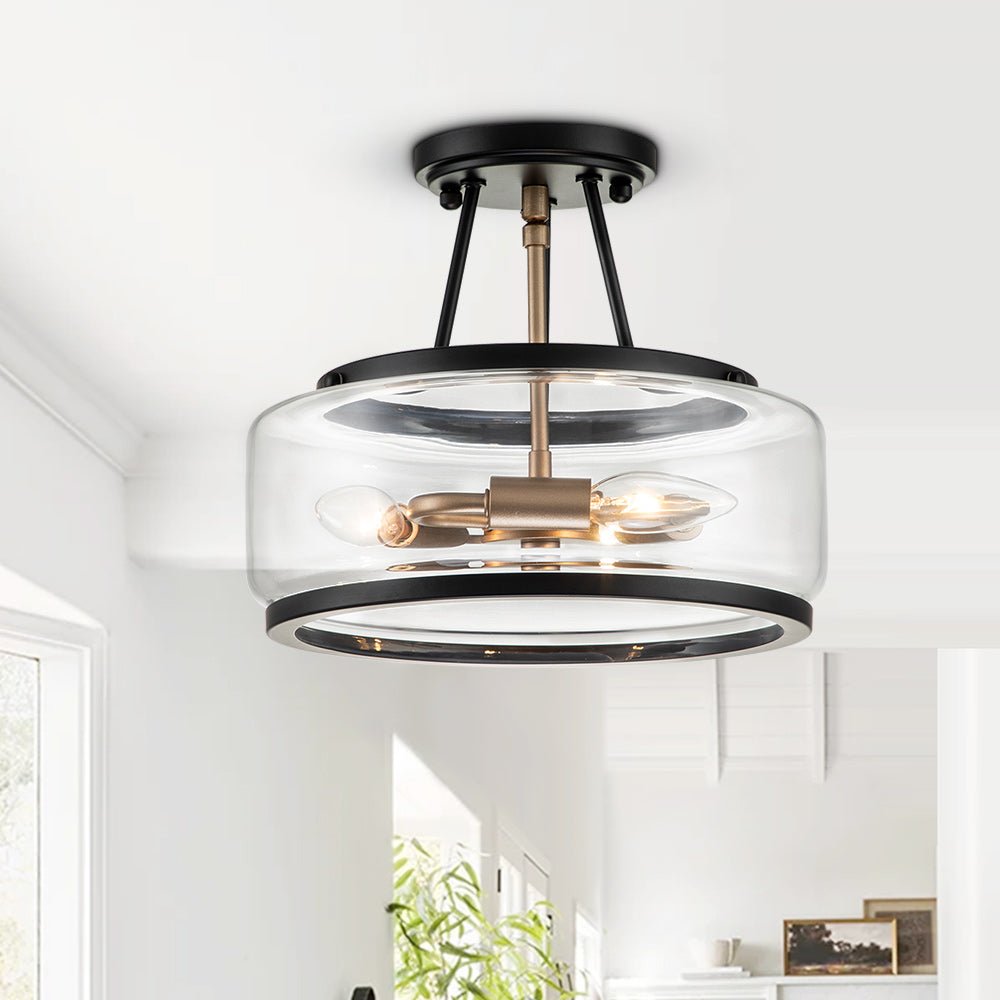 Lámpara de techo semienrasada con 3 bombillas. Diseño tambor de vidrio, estilo moderno-granja.