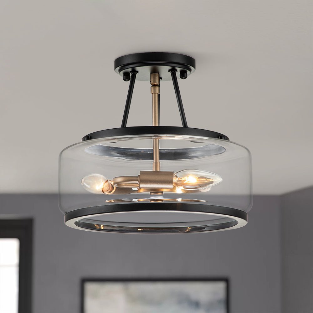Lámpara de techo semienrasada moderna de 3 luces, estilo tambor. Vidrio y metal negro/dorado para decoración.