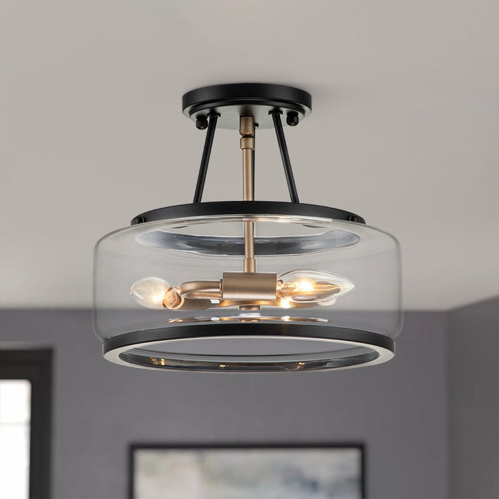 Lámpara de techo semienrasada moderna de 3 luces, estilo tambor. Vidrio y metal negro/dorado para decoración.