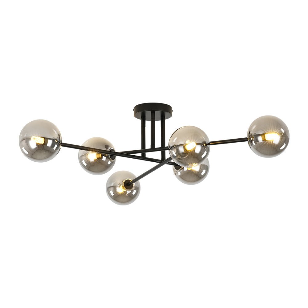 Moderna lámpara de techo Sputnik semi-lineal, 6 bombillas con difusores de vidrio ahumado, para sala.