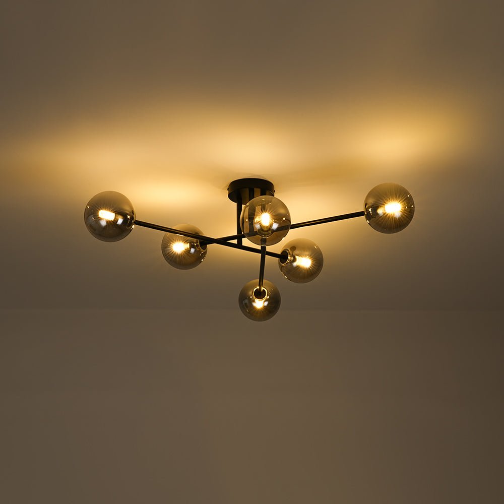 Sputnik semi empotrada, lámpara de techo 6 luces, esferas de vidrio ahumado, iluminación moderna y decorativa.