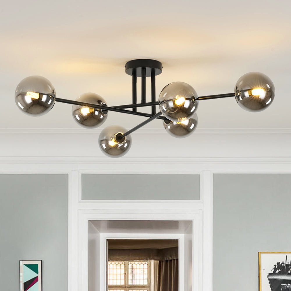 Lámpara de techo Sputnik moderna semi empotrada, 6 luces, esferas de vidrio ahumado, diseño lineal.