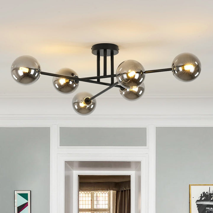 Lámpara de techo Sputnik moderna semi empotrada, 6 luces, esferas de vidrio ahumado, diseño lineal.