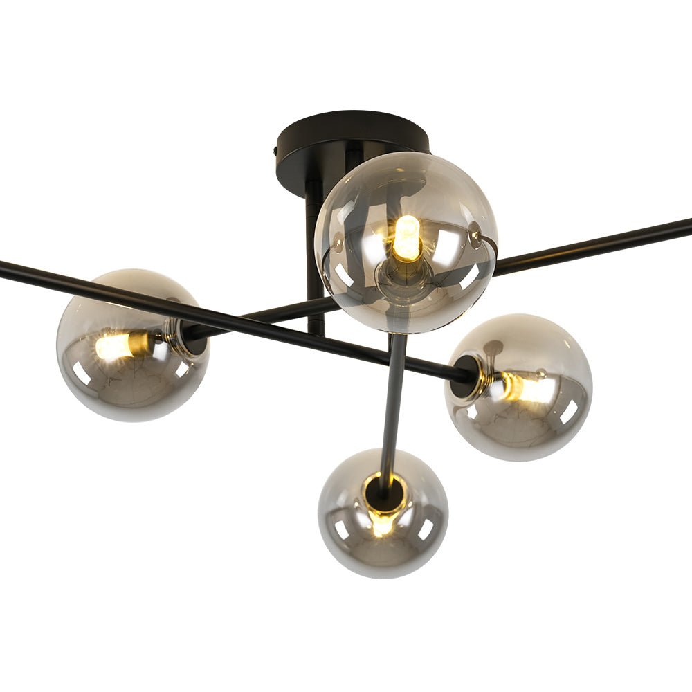 Vidrio ahumado en esta lámpara de techo Sputnik de 6 luces, diseño lineal semi empotrado, estilo moderno.