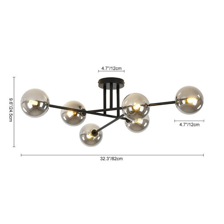 Lámpara de techo Moderna Sputnik, 6 luces de vidrio ahumado, diseño semi-lineal, perfecta para interiores.