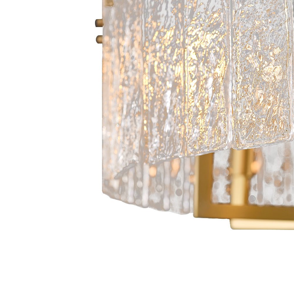 Candelabro de 6 luces, diseño de tambor moderno con vidrio ondulado, versátil para sala o comedor.