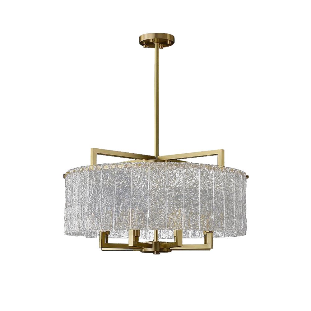 Elegante candelabro de tambor con 6 luces y diseño moderno, ideal para sala de estar o comedor.