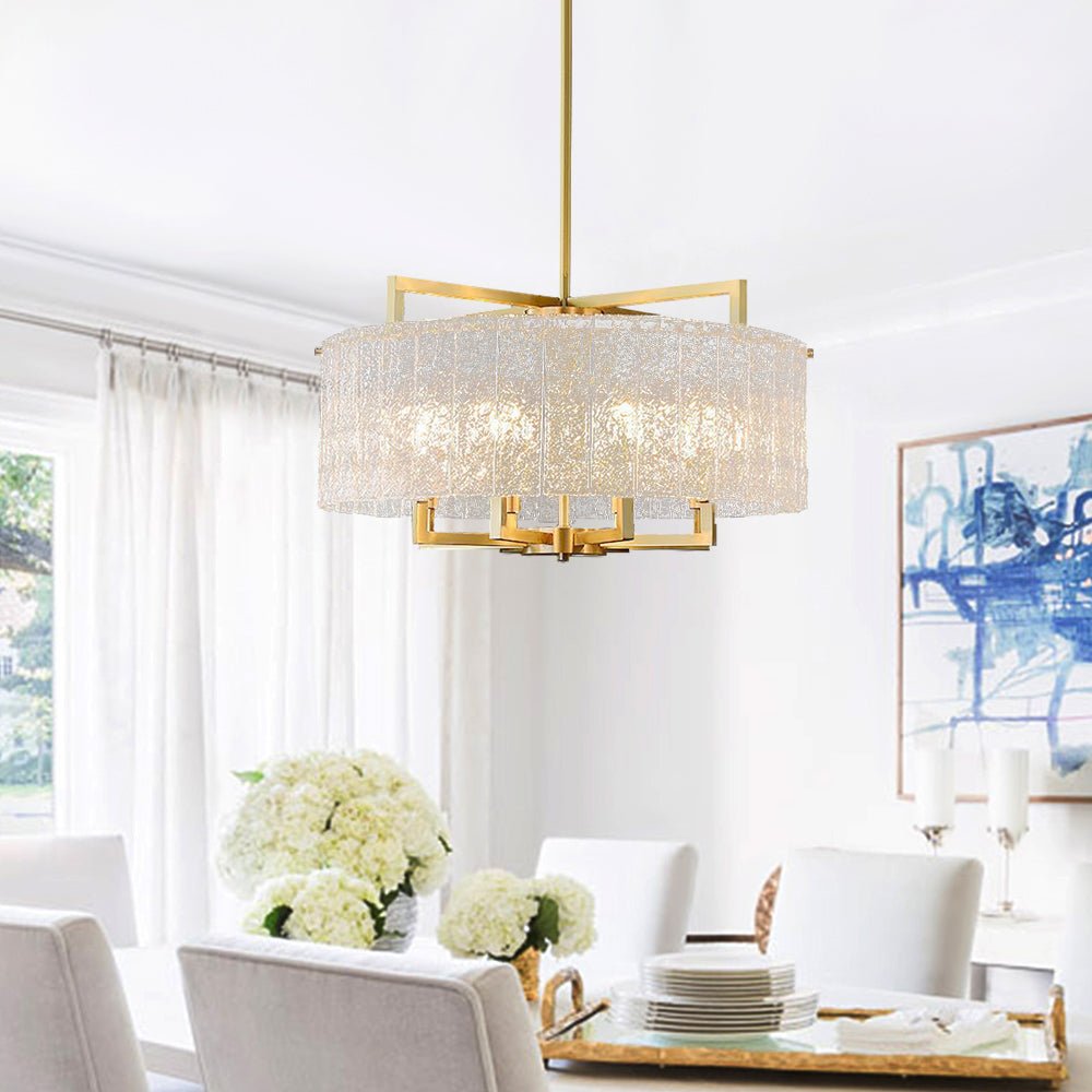 Candelabro moderno de tambor con vidrio ondulado y 6 luces, ideal para iluminación de sala de estar.