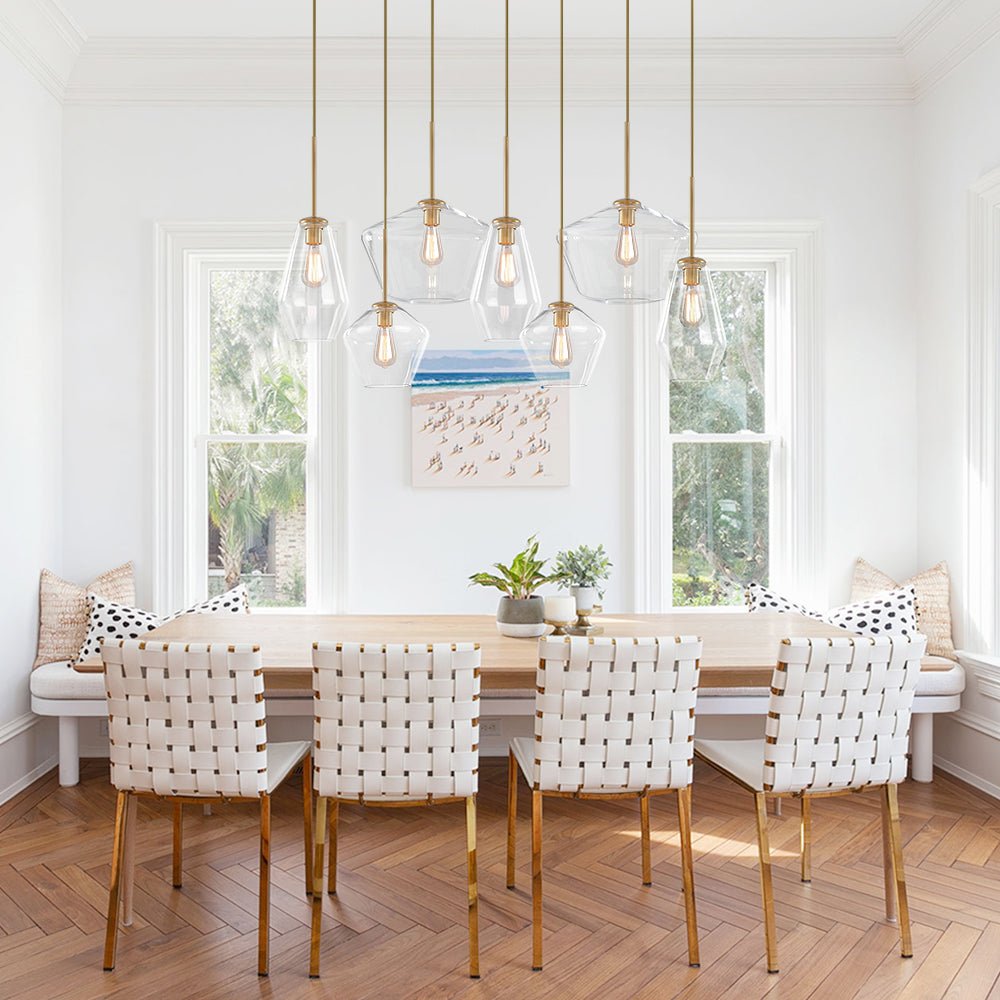 Diseño contemporáneo: Lámpara colgante de 7 luces con formas geométricas. Ideal para iluminación cálida en interiores.