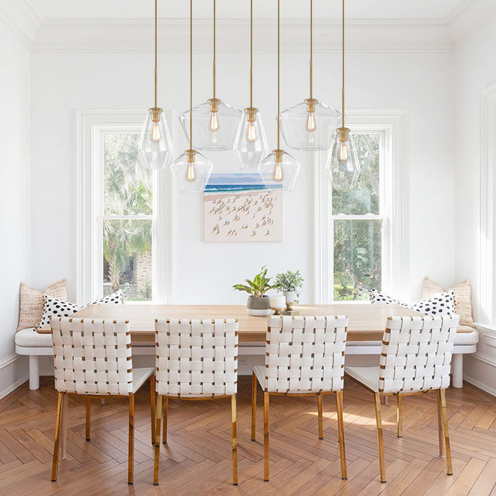 Diseño contemporáneo: Lámpara colgante de 7 luces con formas geométricas. Ideal para iluminación cálida en interiores.