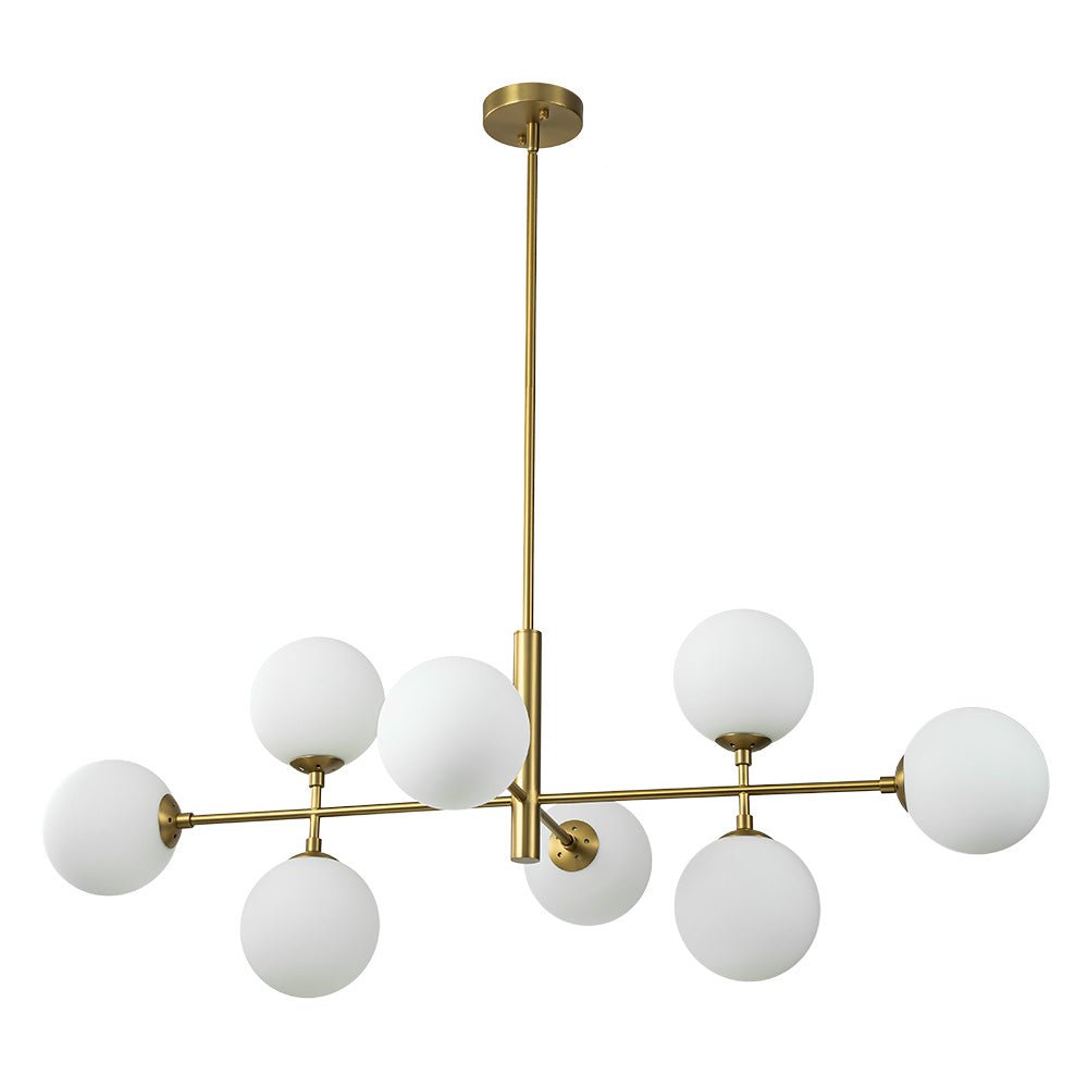 Iluminación moderna para cocina: candelabro lineal de 8 luces con vidrio opal. Diseño elegante y decorativo.