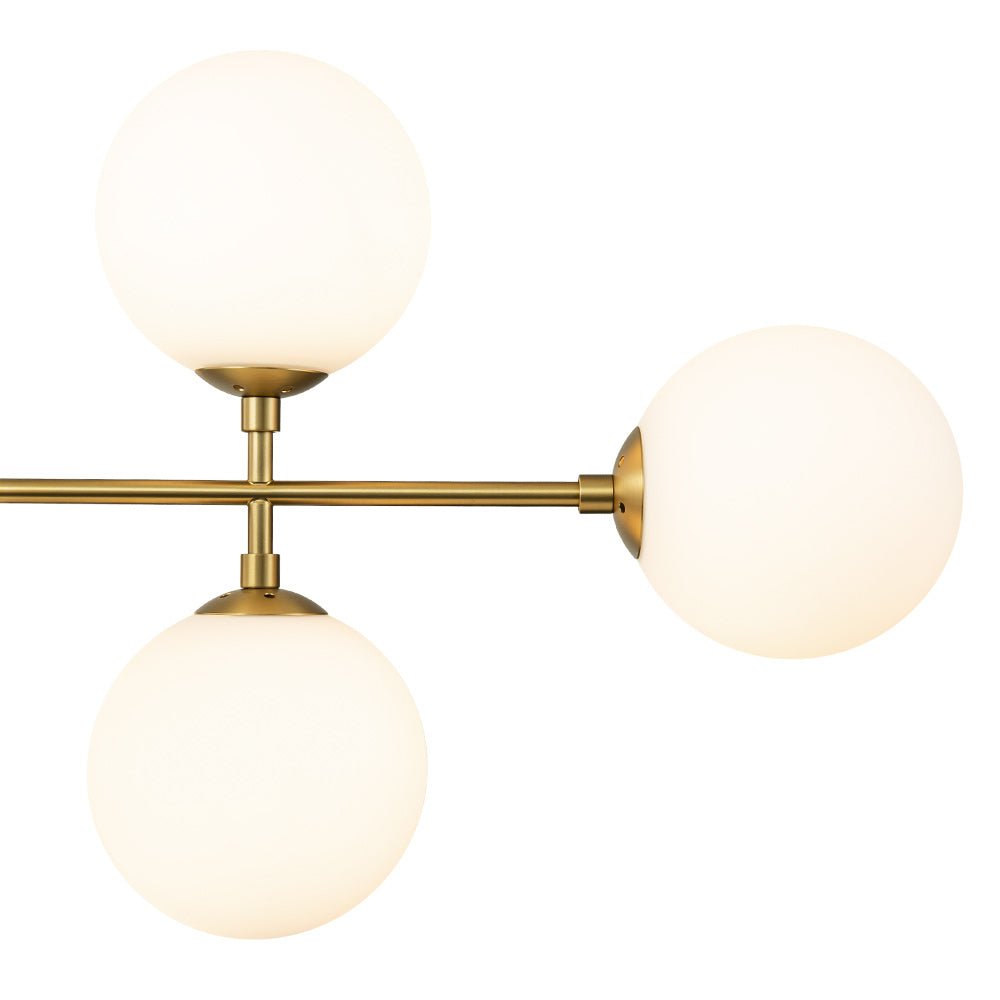 Candelabro lineal moderno para isla de cocina, 8 luces con vidrio opal. Iluminación de diseño funcional.