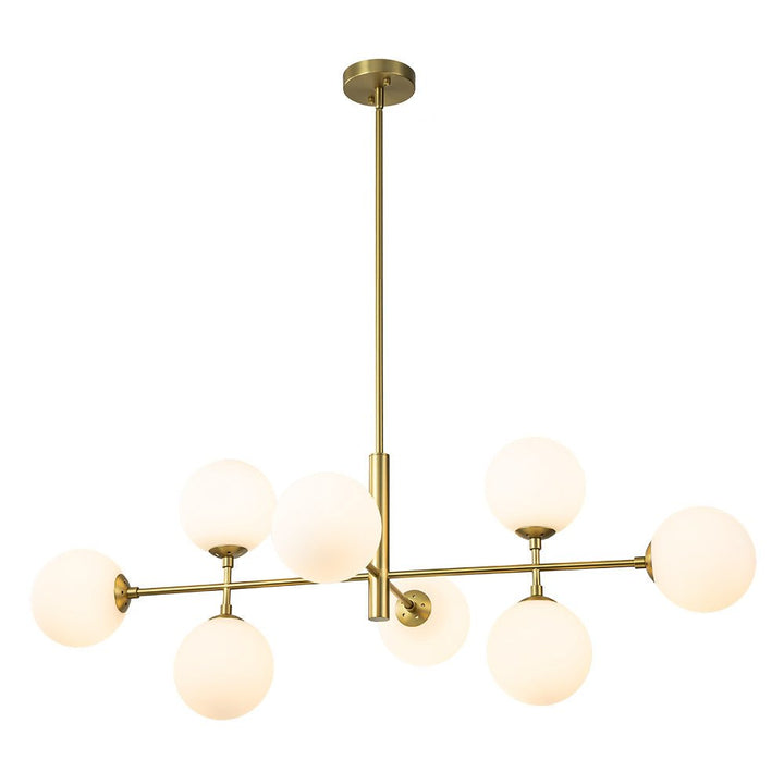 Sofisticado candelabro lineal de 8 luces con vidrio opal. Lámpara moderna para techo de cocina.