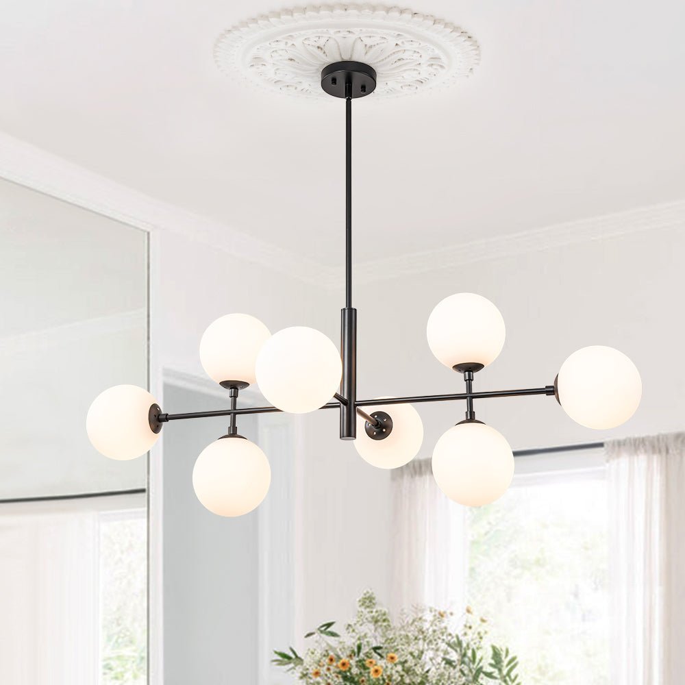 Lámpara de techo lineal moderna de 8 luces con vidrio opal. Ideal para isla de cocina o comedor.