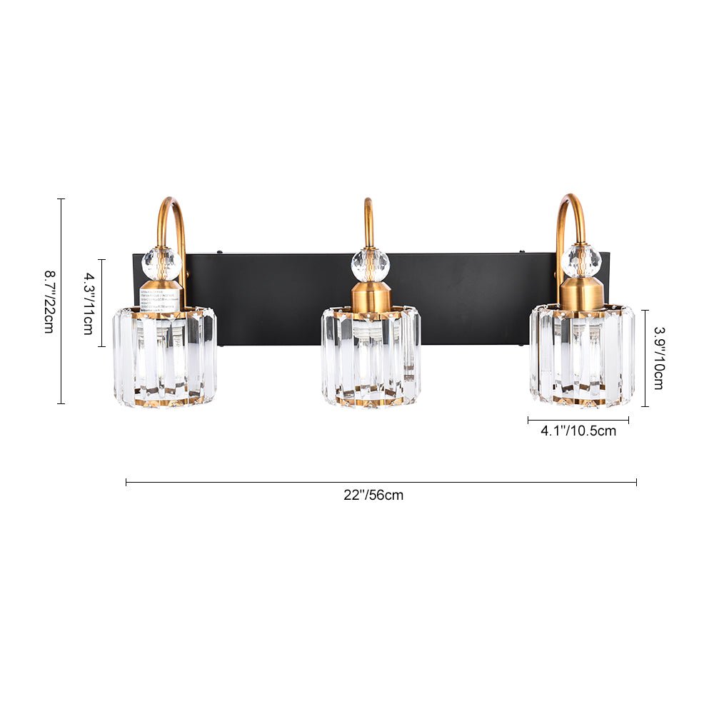 Luz de vanity regulable, negra y oro, iluminación chic para baños.