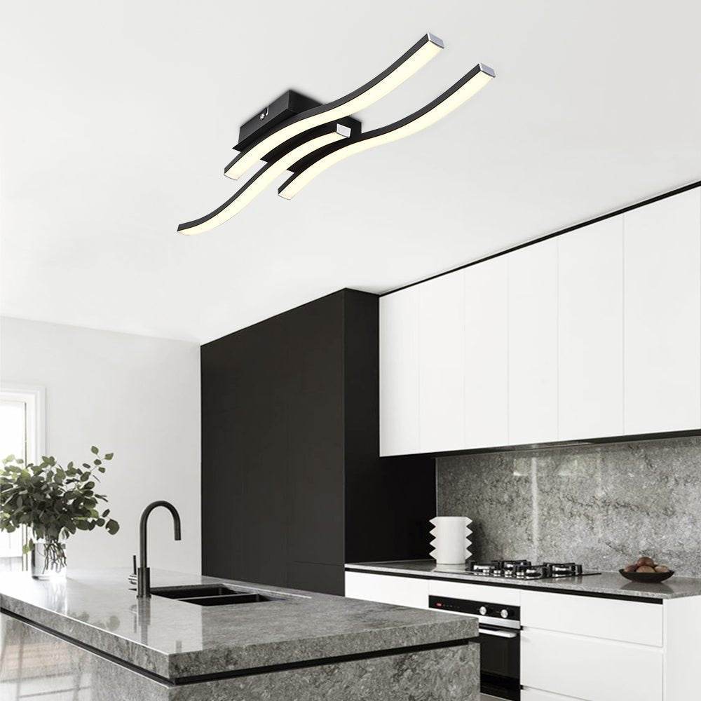 Montaje semi empotrado LED de diseño lineal y curvo, perfecto para baños modernos. Iluminación interior decorativa.