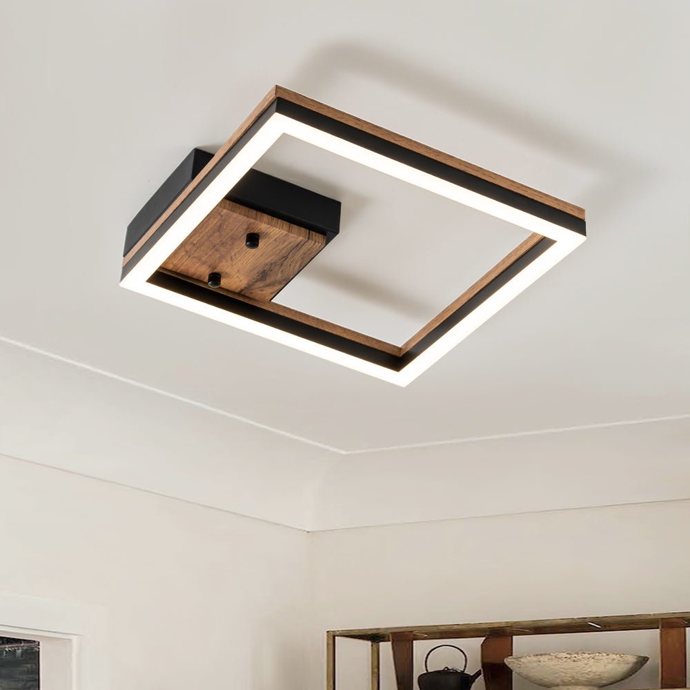 Luz de techo LED cuadrada grano madera nogal estilo granja. Ideal para iluminación interior moderna.